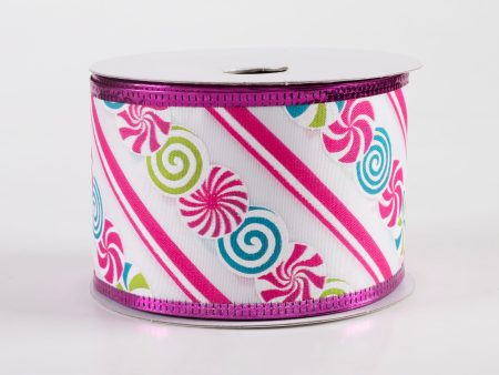 2.5  Satin Christmas Candy Diagonal Stripe & Metallic Edge Ribbon: Fuchsia (10 Yards) Online now