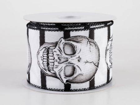 2.5  Black & White Stripes Glittered Skull Ribbon (10 Yards) on Sale