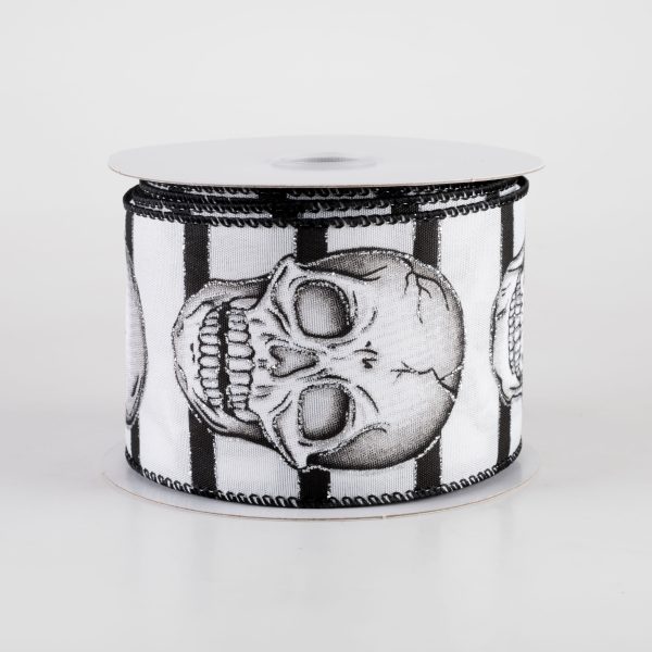 2.5  Black & White Stripes Glittered Skull Ribbon (10 Yards) on Sale