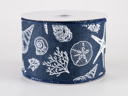 2.5  Linen Stamped Beach Icons Ribbon: Navy Blue (10 Yards) Sale