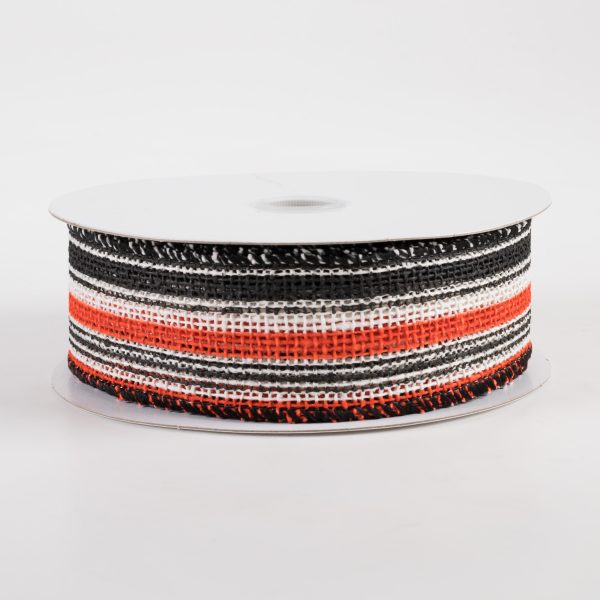 1.5  Burlap Vertical Stripe Ribbon: Ivory, Orange, Black (10 Yards) For Discount