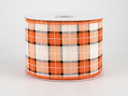 2.5  Windowpane Plaid Ribbon: Orange, Black, Cream (10 Yards) For Sale