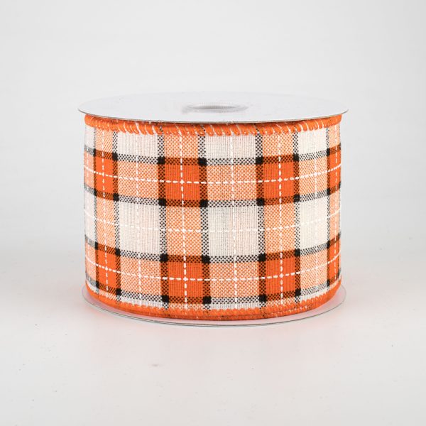 2.5  Windowpane Plaid Ribbon: Orange, Black, Cream (10 Yards) For Sale