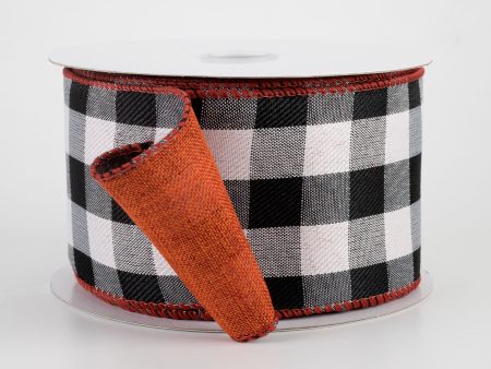 2.5  Two Sided Buffalo Plaid & Linen Ribbon: Black, White, Rust (10 Yards) Online Sale