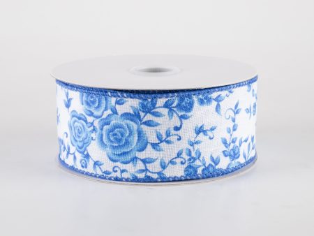 1.5  Ombré Roses on White Linen Ribbon: Cobalt Blue (10 Yards) Fashion