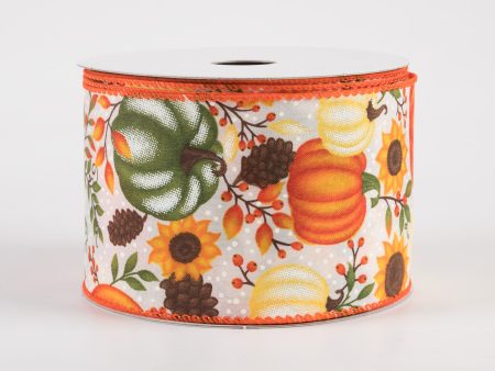 2.5  Satin Pumpkins & Sunflowers Ribbon: Cream (10 Yards) Sale