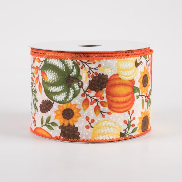 2.5  Satin Pumpkins & Sunflowers Ribbon: Cream (10 Yards) Sale