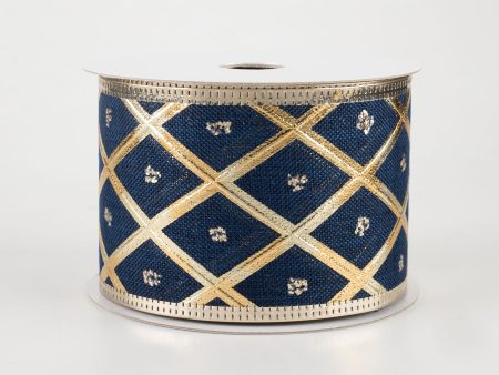 2.5  Embossed Diamond With Dots Ribbon: Navy & Gold (10 Yards) For Discount