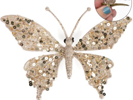 10  Glitter Butterfly Clip Ornament: Champagne Gold For Discount