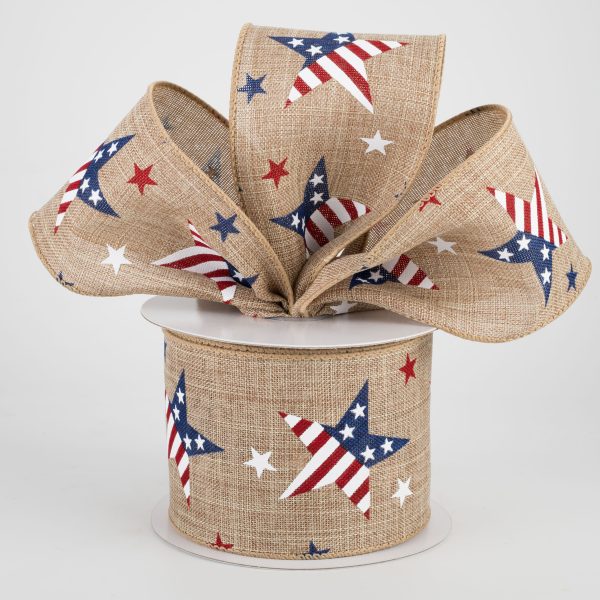 2.5  Flag Print Stars Ribbon: Natural (10 Yards) For Cheap