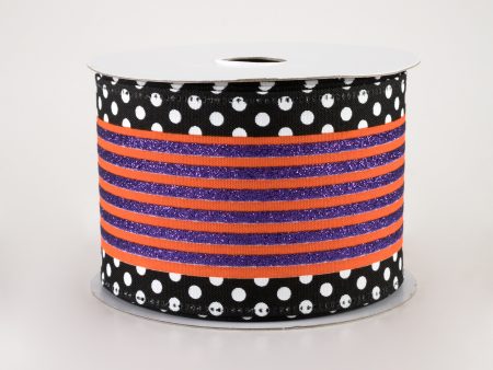 2.5  Glitter Cabana Stripe Dot Edge Ribbon: Orange, Purple, Black, White (10 Yards) on Sale