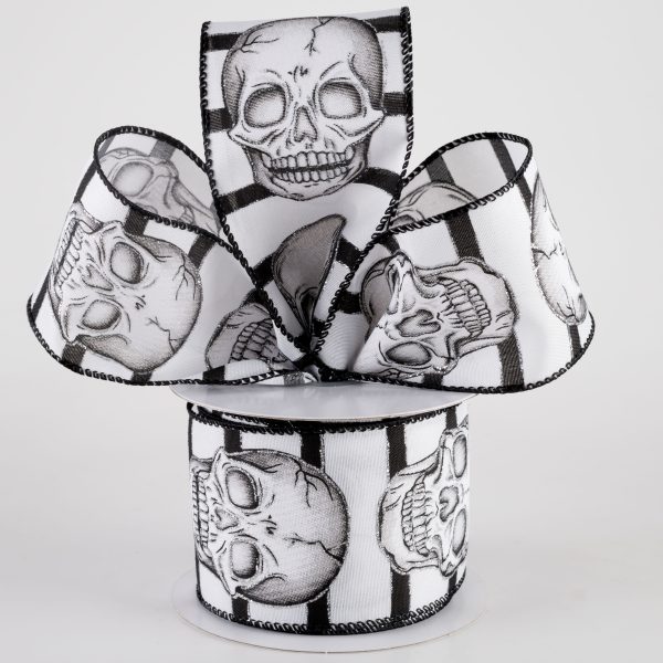 2.5  Black & White Stripes Glittered Skull Ribbon (10 Yards) on Sale