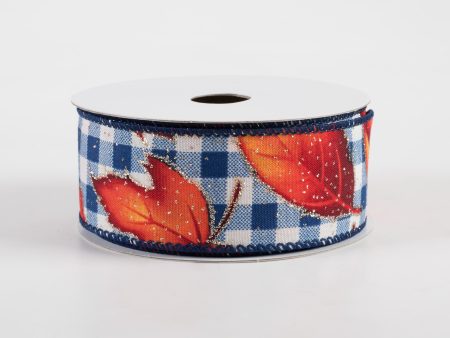 1.5  Fall Leaves on Blue Checks Ribbon (10 Yards) Online now