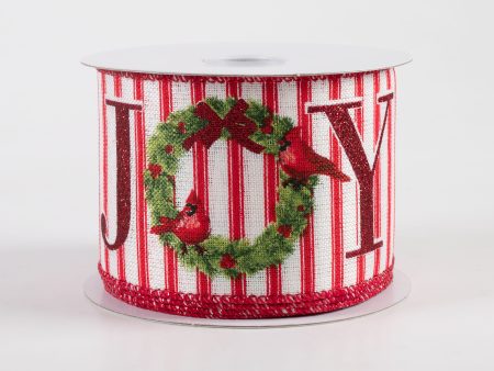 2.5  Linen Ticking Joy Christmas Wreath Ribbon: Ivory & Red (10 Yards) Online Sale