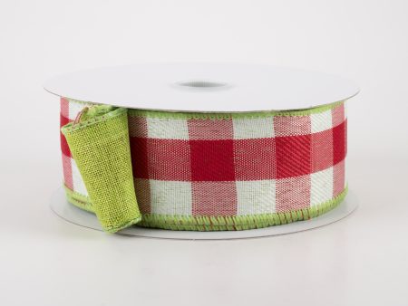 1.5  Two Sided Buffalo Plaid & Linen Ribbon: Red, White & Lime (10 Yards) For Sale