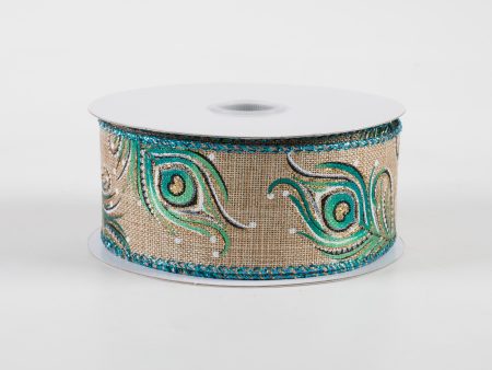 1.5  Linen Embossed Peacock Feathers Ribbon: Natural (10 Yards) Cheap