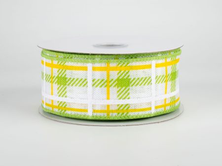 1.5  Iridescent Print Plaid Ribbon: Lime, Yellow, White (10 Yards) Online Hot Sale