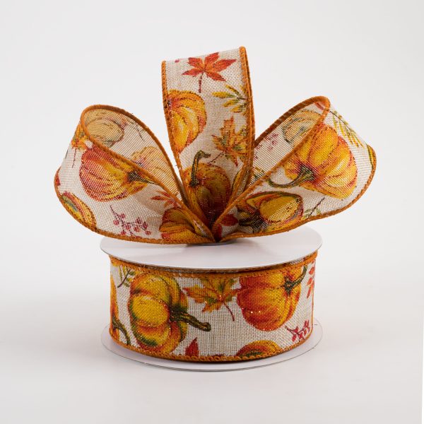 1.5  Linen Fall Leaves & Pumpkins Ribbon: Natural (10 Yards) For Sale